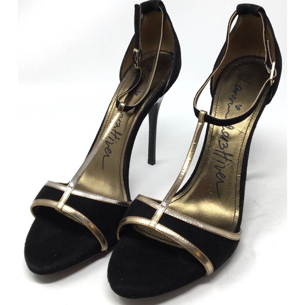 Lanvin Paris Women's Size 10/41 Black Suede Metallic Gold Leather T-Strap Heels - Picture 3 of 7